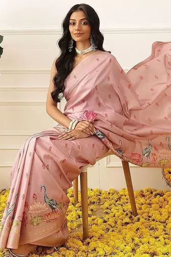 Pink ethnic motifs embroidered art silk festive saree with blouse piece
