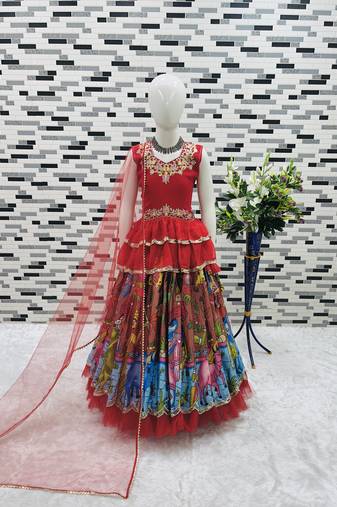 multi heavy chinon silk with digital print with embroidery work - designer party wear