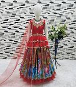 multi heavy chinon silk with digital print with embroidery work - designer party wear