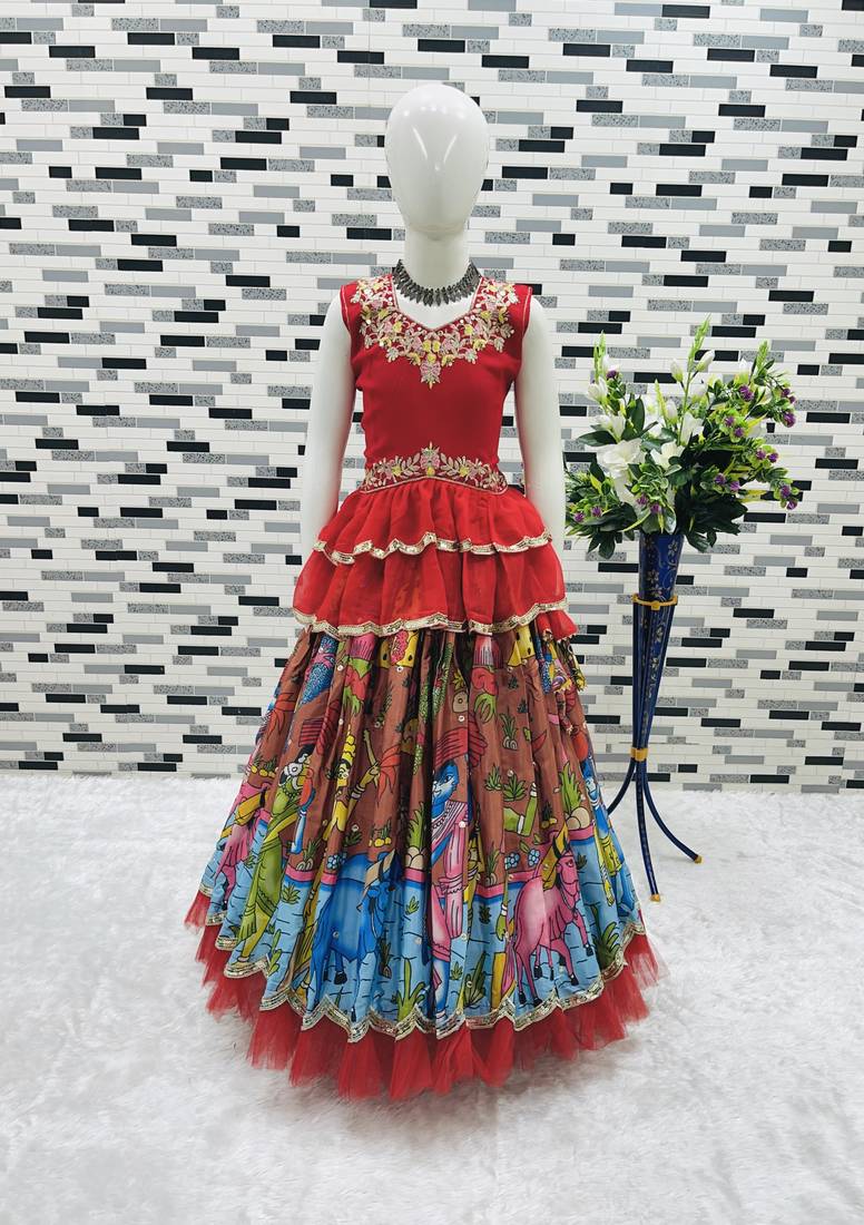 multi heavy chinon silk with digital print with embroidery work - designer party wear