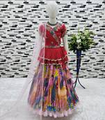 multi heavy chinon silk with digital print with embroidery work - designer party wear