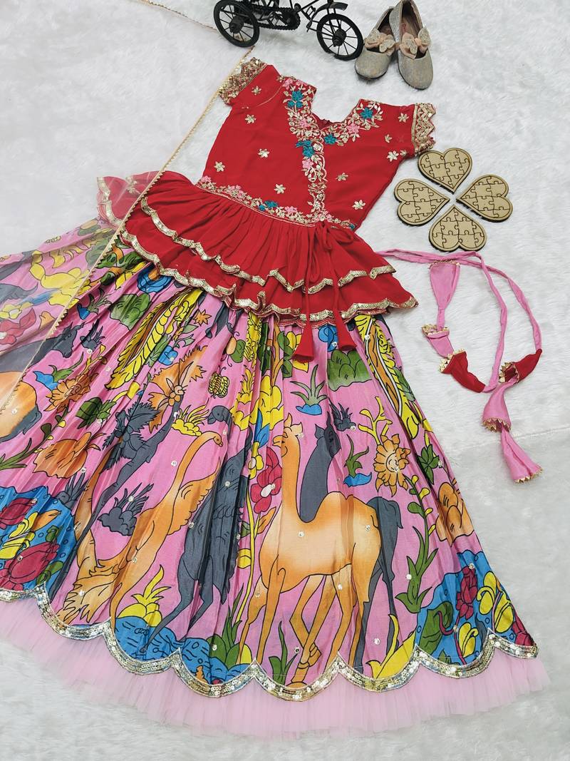 multi heavy chinon silk with digital print with embroidery work - designer party wear
