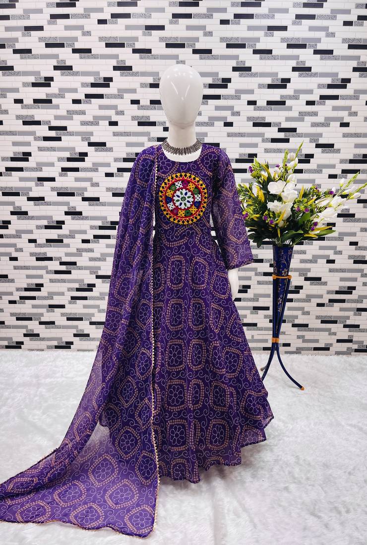 purple  heavy fox georgette gown set with digital print work - designer party wear