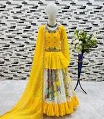 multi heavy chinon silk with digital print with embroidery work - designer party wear