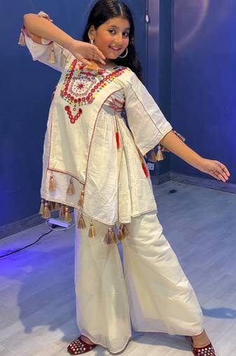 off white pure khadi cotton ethnic wear set with embroidery sequence work with real mirror work - designer party wear