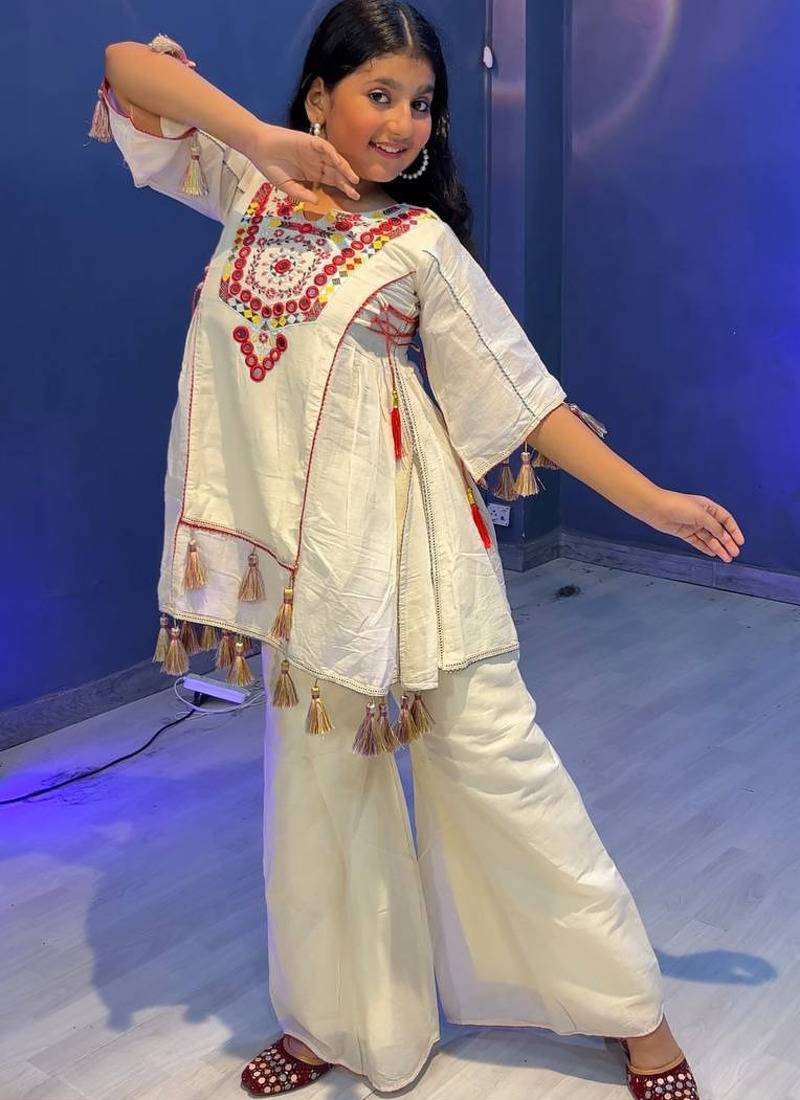 off white pure khadi cotton ethnic wear set with embroidery sequence work with real mirror work - designer party wear