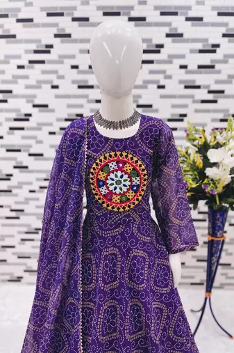 purple  heavy fox georgette gown set with digital print work - designer party wear
