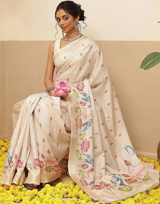 Cream ethnic motifs embroidered art silk festive saree with blouse piece 1