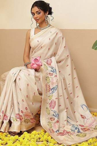 Cream ethnic motifs embroidered art silk festive saree with blouse piece