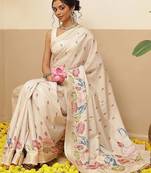 Cream ethnic motifs embroidered art silk festive saree with blouse piece