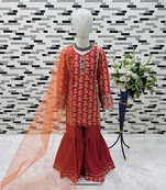 dark red  heavy chinon with digital print work - designer party wear