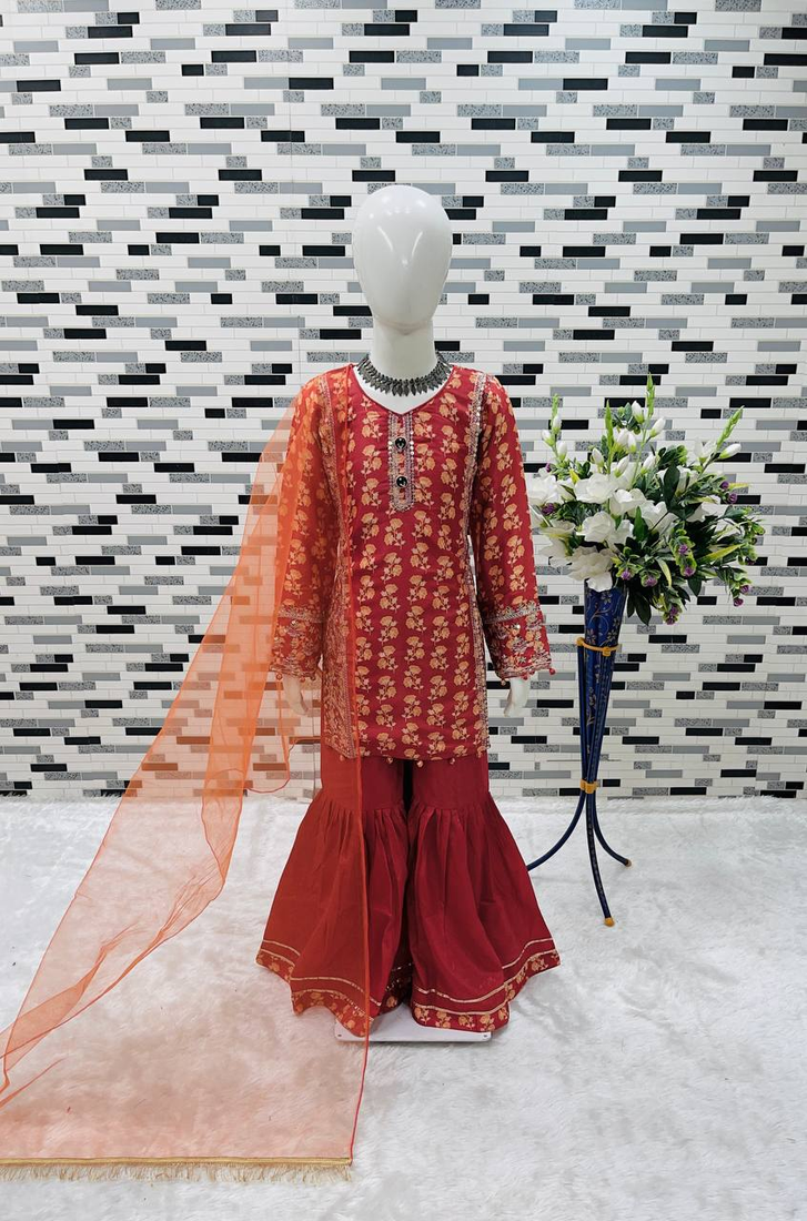 dark red  heavy chinon with digital print work - designer party wear