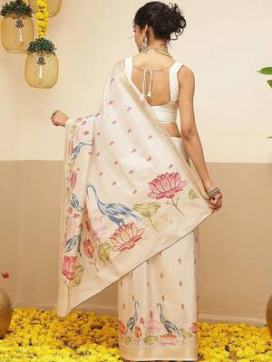 Cream ethnic motifs embroidered art silk festive saree with blouse piece 2