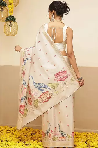 Cream ethnic motifs embroidered art silk festive saree with blouse piece
