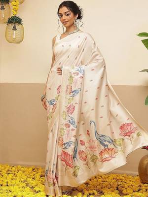 Cream ethnic motifs embroidered art silk festive saree with blouse piece 3