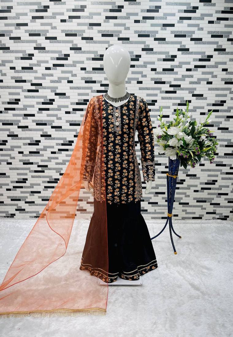 black  heavy chinon with digital print work - designer party wear