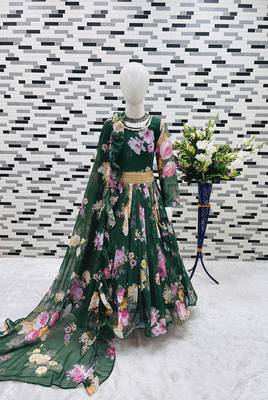 green  heavy fox georgette gown set with digital print work - designer party wear 1