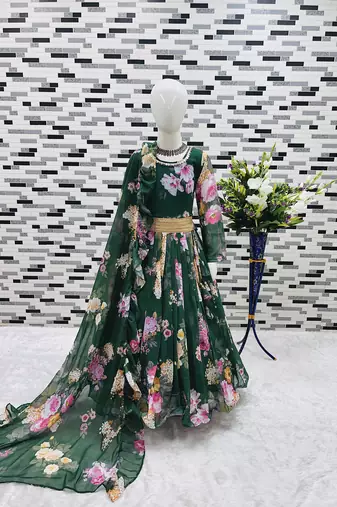 green  heavy fox georgette gown set with digital print work - designer party wear