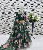 green  heavy fox georgette gown set with digital print work - designer party wear