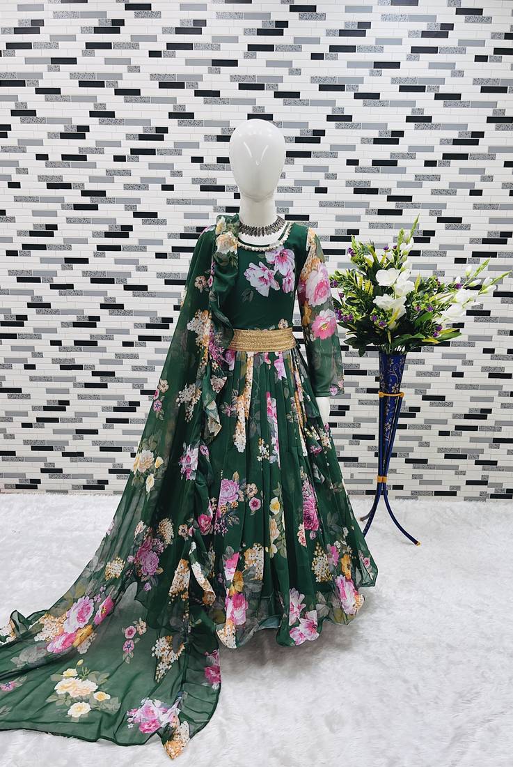 green  heavy fox georgette gown set with digital print work - designer party wear