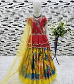 multi heavy chinon silk with digital print with embroidery work - designer party wear