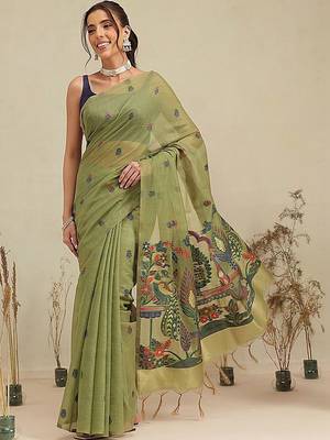 Olive floral cotton blend festive saree with blouse piece 1