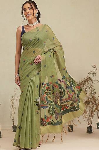 Olive floral cotton blend festive saree with blouse piece
