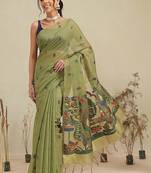 Olive floral cotton blend festive saree with blouse piece