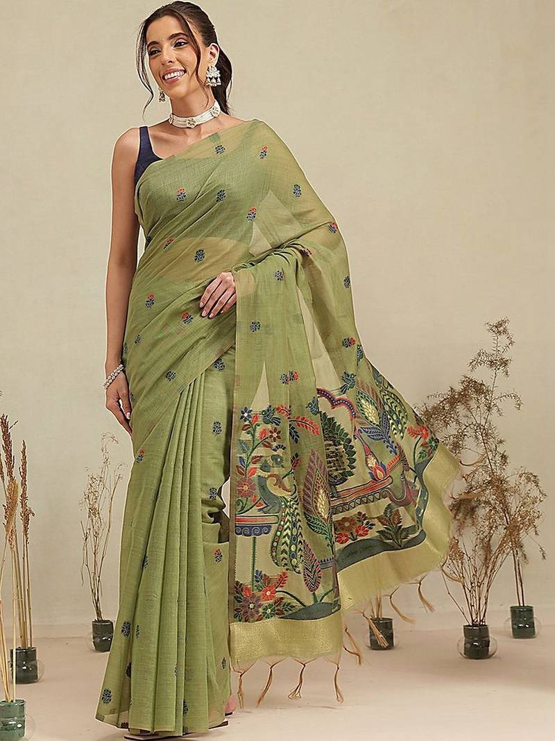 Olive floral cotton blend festive saree with blouse piece