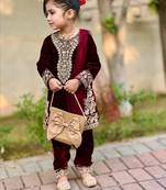 maroon heavy viscose velvet salwar suit set with heavy embroidery sequence work - designer party wear