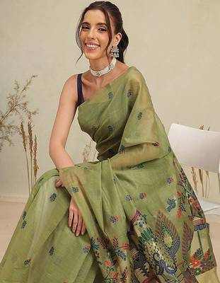 Olive floral cotton blend festive saree with blouse piece 2