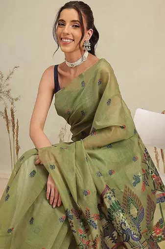 Olive floral cotton blend festive saree with blouse piece