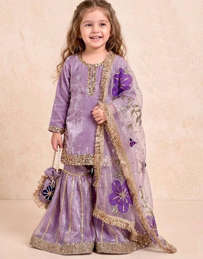 lavender pure gmy silk with heavy embroidery sequence work - designer party wear