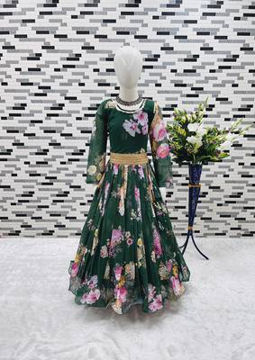 green  heavy fox georgette gown set with digital print work - designer party wear 2