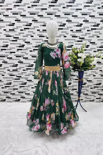 green  heavy fox georgette gown set with digital print work - designer party wear