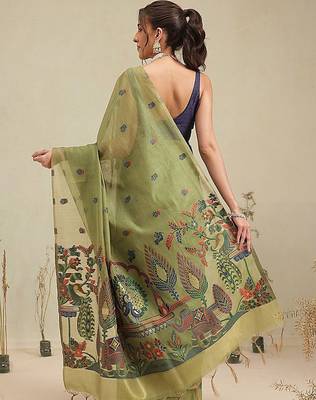 Olive floral cotton blend festive saree with blouse piece 3