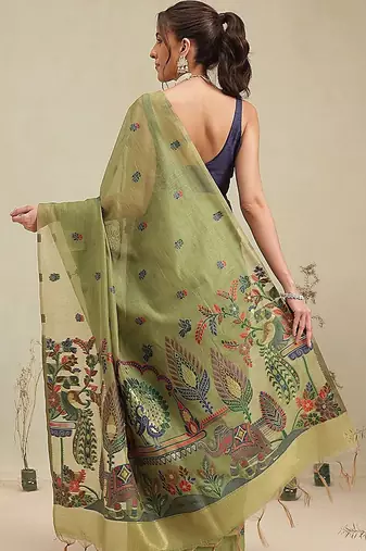 Olive floral cotton blend festive saree with blouse piece