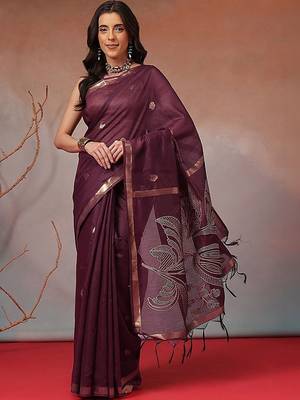 Purple floral cotton blend festive saree with blouse piece 1