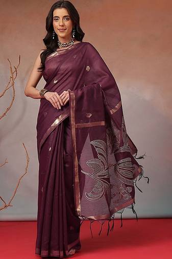 Purple floral cotton blend festive saree with blouse piece