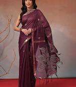 Purple floral cotton blend festive saree with blouse piece