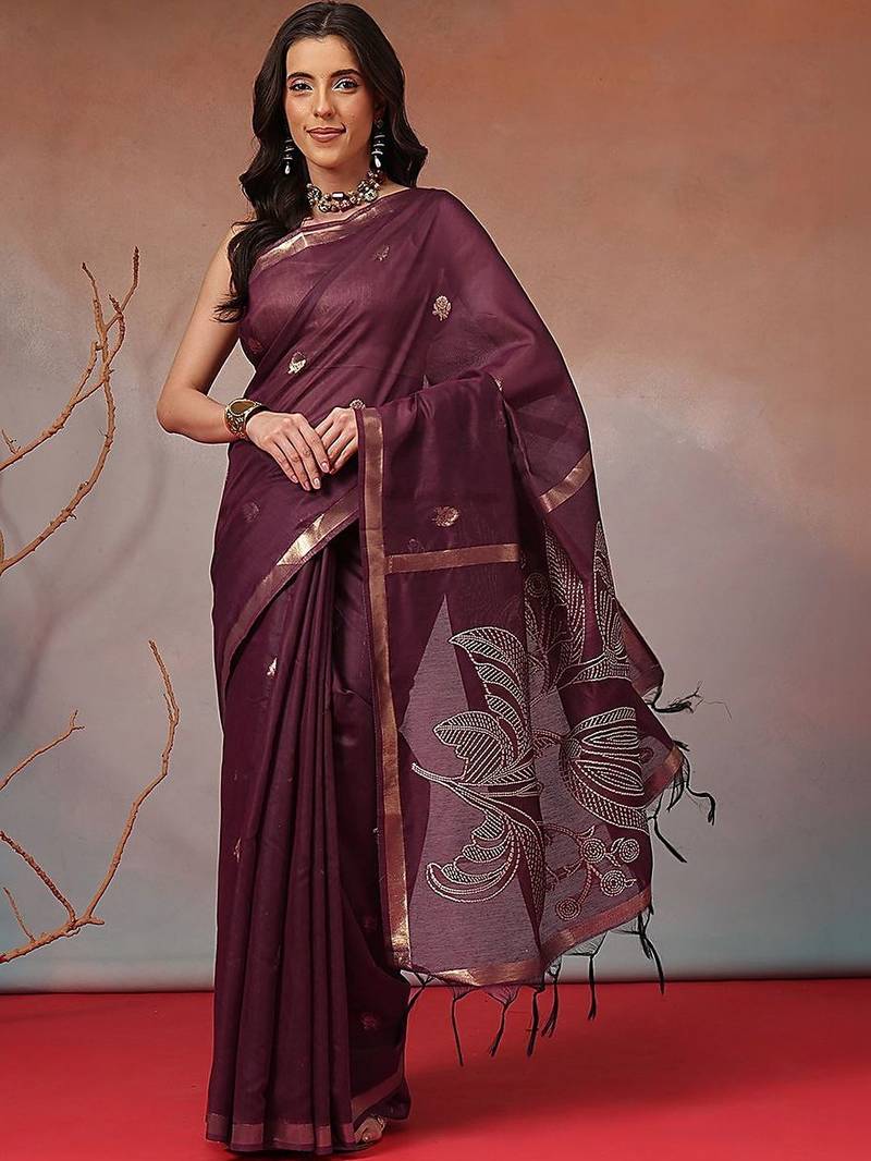 Purple floral cotton blend festive saree with blouse piece