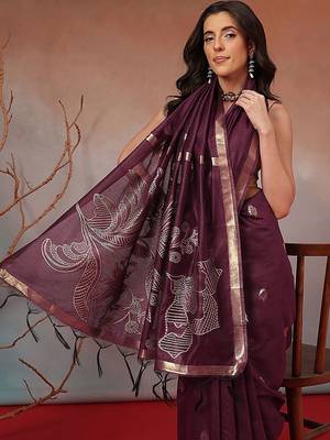 Purple floral cotton blend festive saree with blouse piece 2