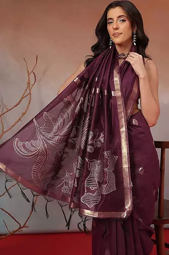 Purple floral cotton blend festive saree with blouse piece