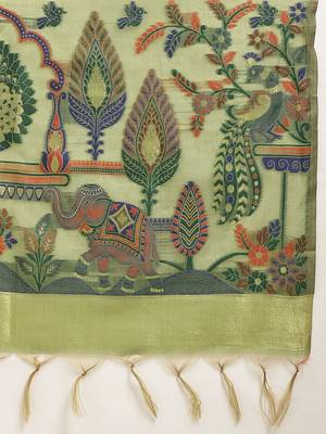 Olive floral cotton blend festive saree with blouse piece 5