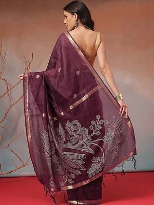 Purple floral cotton blend festive saree with blouse piece 3