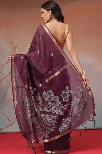 Purple floral cotton blend festive saree with blouse piece