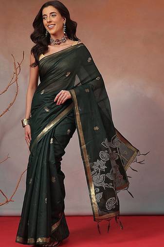 Green floral cotton blend festive saree with blouse piece
