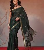 Green floral cotton blend festive saree with blouse piece