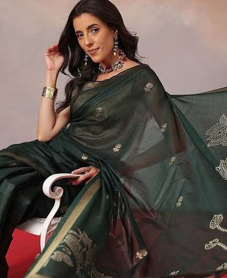 Green floral cotton blend festive saree with blouse piece 2
