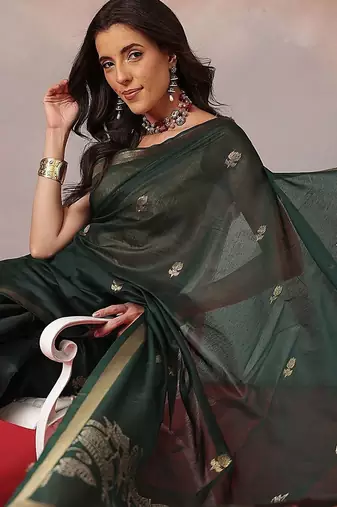 Green floral cotton blend festive saree with blouse piece